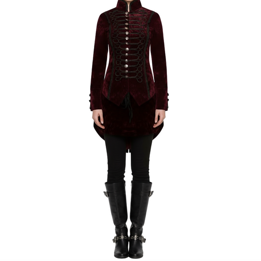 Women's Handmade Maroon Velvet Gothic Steampunk Gothic Long Coat
