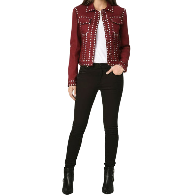 Women Studded Maroon Cotton Jacket