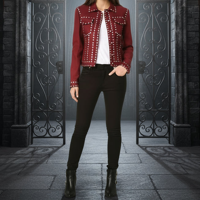 Women Studded Maroon Cotton Jacket