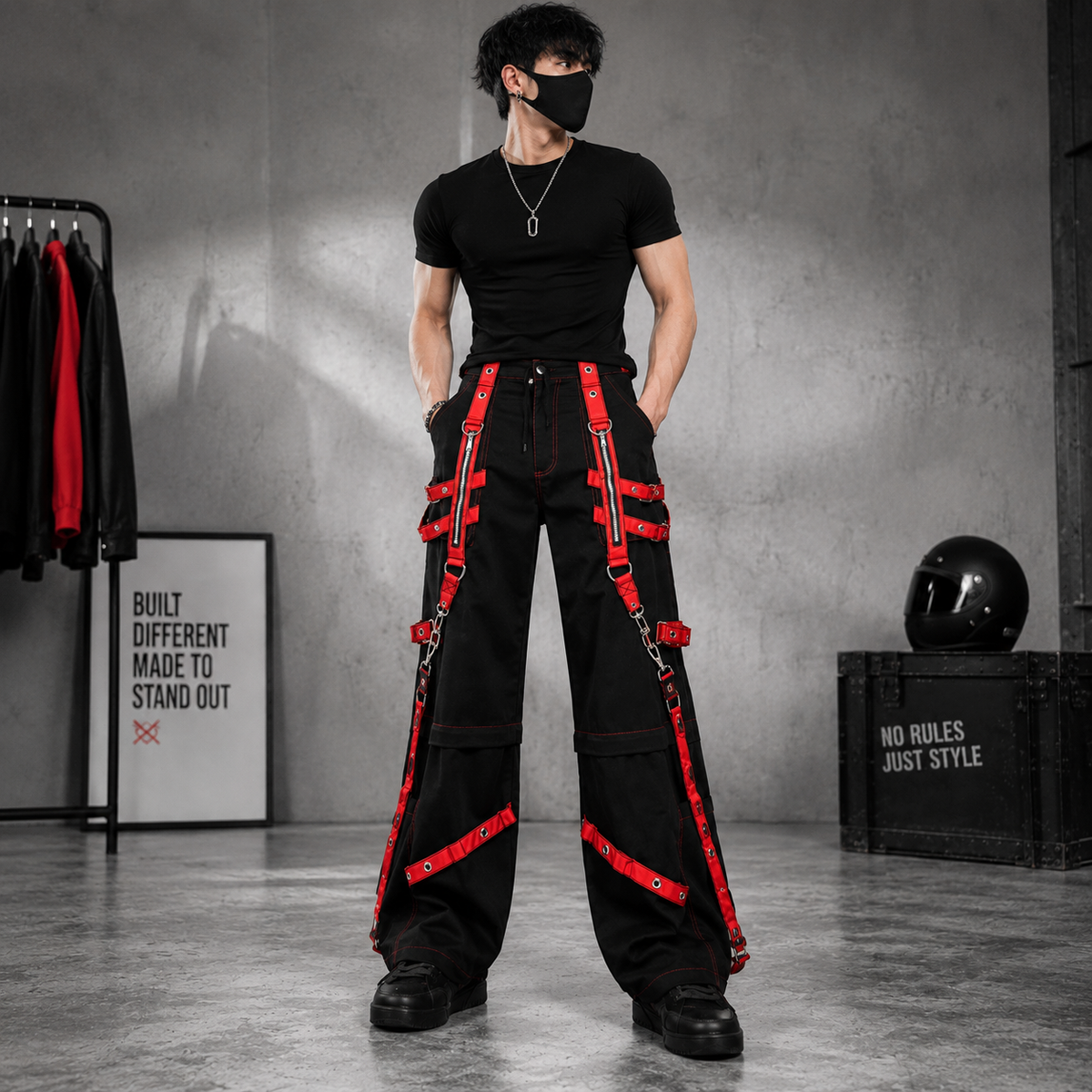 Men's Extreme Bondage Red Skater Gothic Punk Rocker Cyber Goth Steampunk Biker Pant