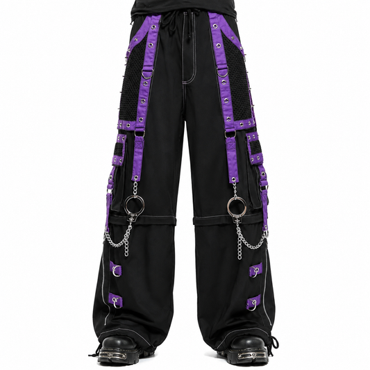 Men Gothic Pant Black Purple Punk Baggy Pant With Chrome Rings & Amp; Chain USA