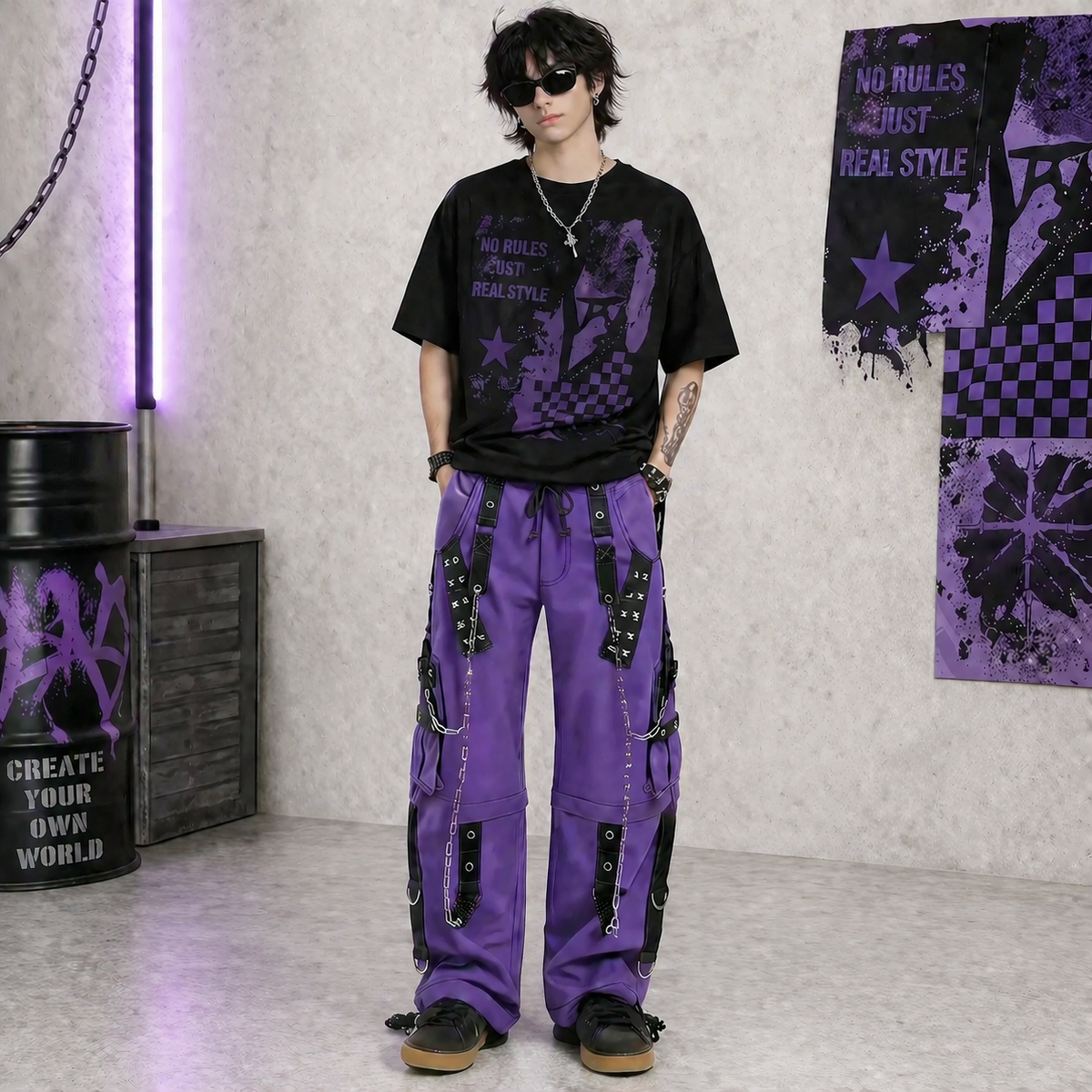 Gothic Bondage Handmade Men Pant Alternative Punk Rock Transformer Trouser Purple Baggy