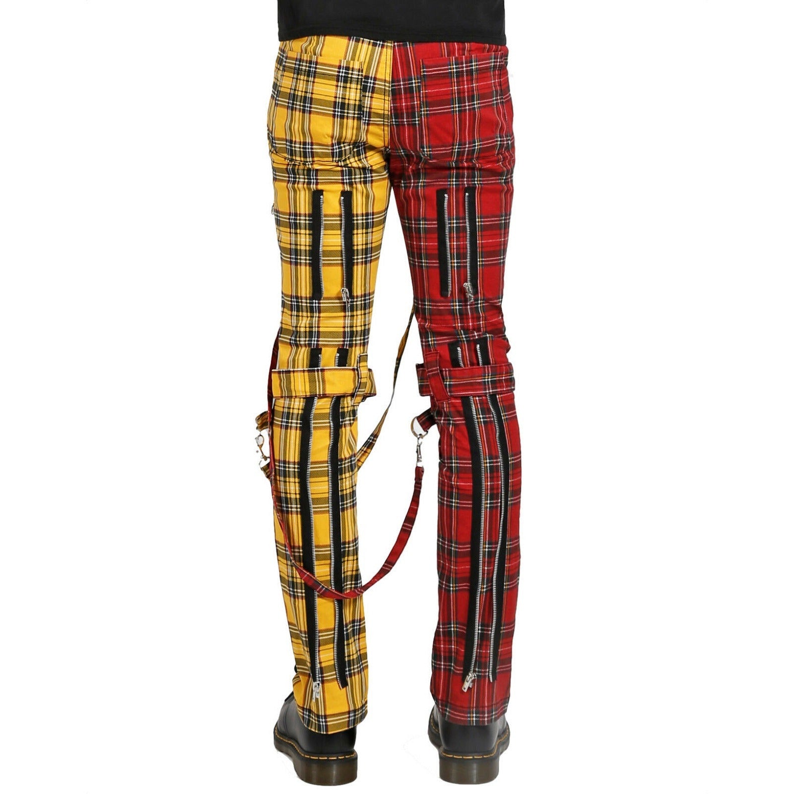 Men Bondage Straps Punk Split Leg Plaid Jeans Pant Alternative Rebel Rock EMO