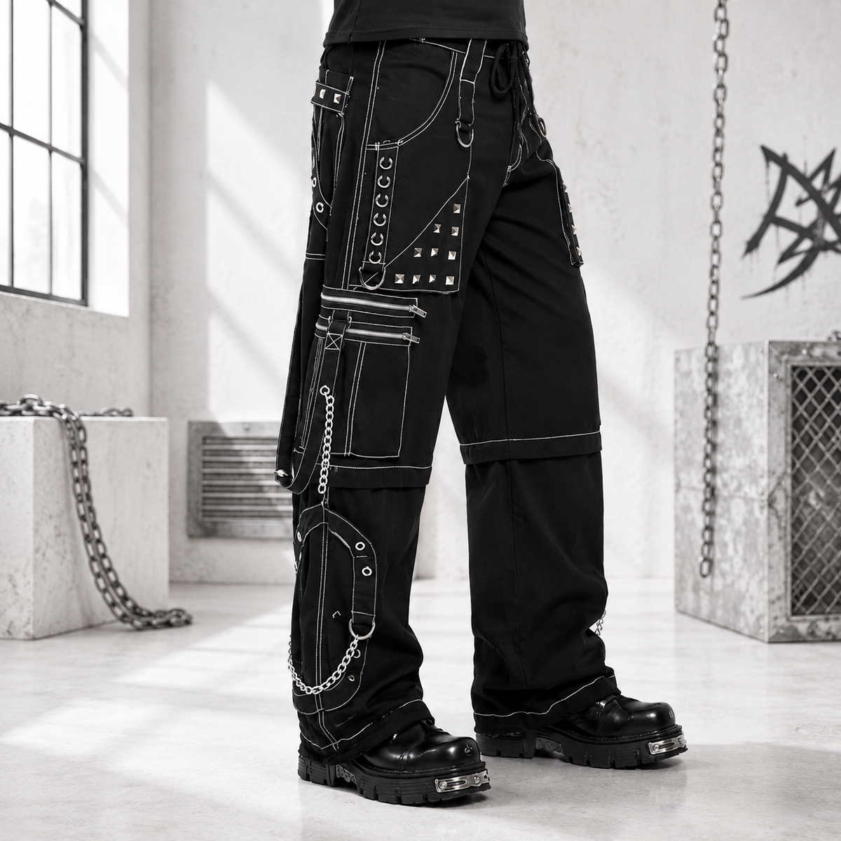 Prime Quality Gothic Men's Black Bondage Gothic Cyber Pant Chain Techno Rock Punk Shorts Trouser Pants USA