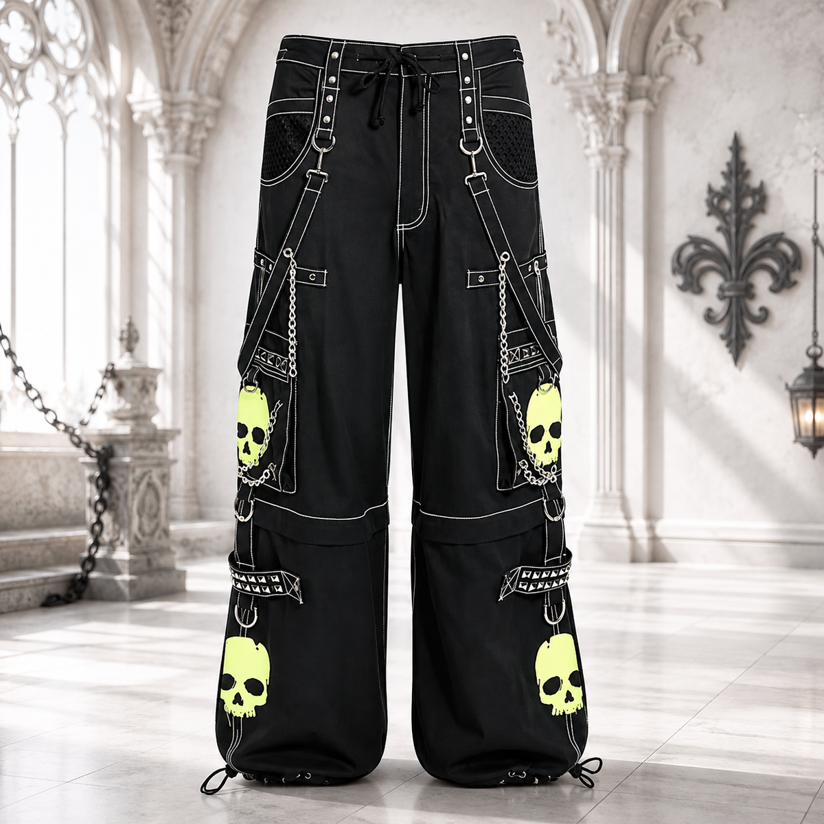 Gothic Bondage Black Lime Big Skull Men Pant Alternative Punk Rock Jeans Emo Trouser Pant Shorts USA