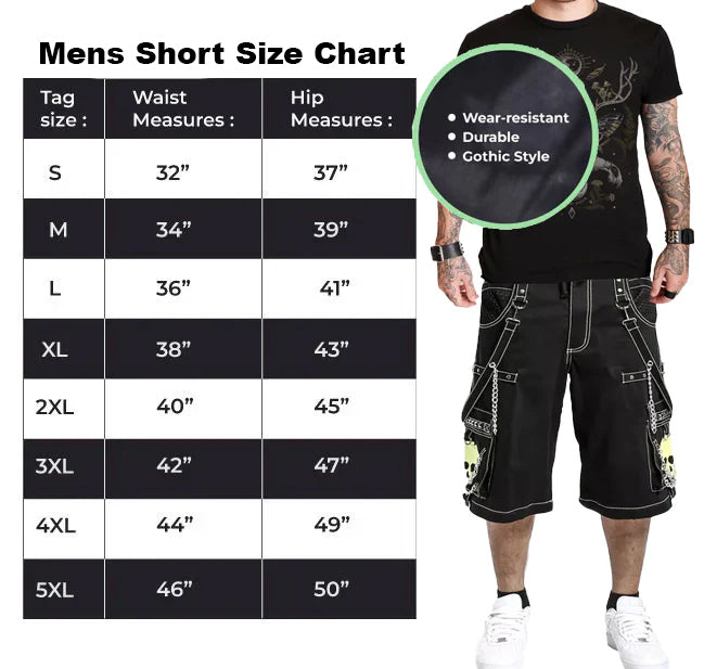 Gothic Bondage Black Lime Big Skull Men's Alternative Punk Rock Jeans Shorts