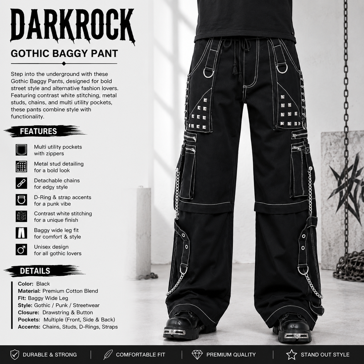 Prime Quality Gothic Men's Black Bondage Gothic Cyber Pant Chain Techno Rock Punk Shorts Trouser Pants USA