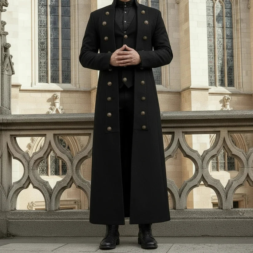 Men's Steampunk Military Trench Coat Long Jacket Black Gothic VTG USA Sizes