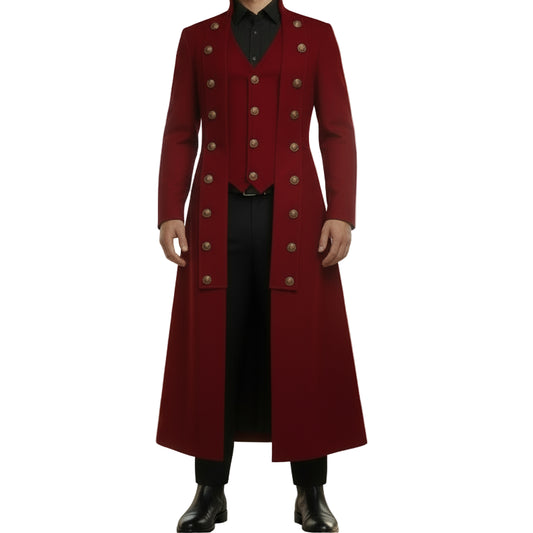Men's Red Cotton Twill Steampunk Jacket Goth Victorian Military Style Trench Coat