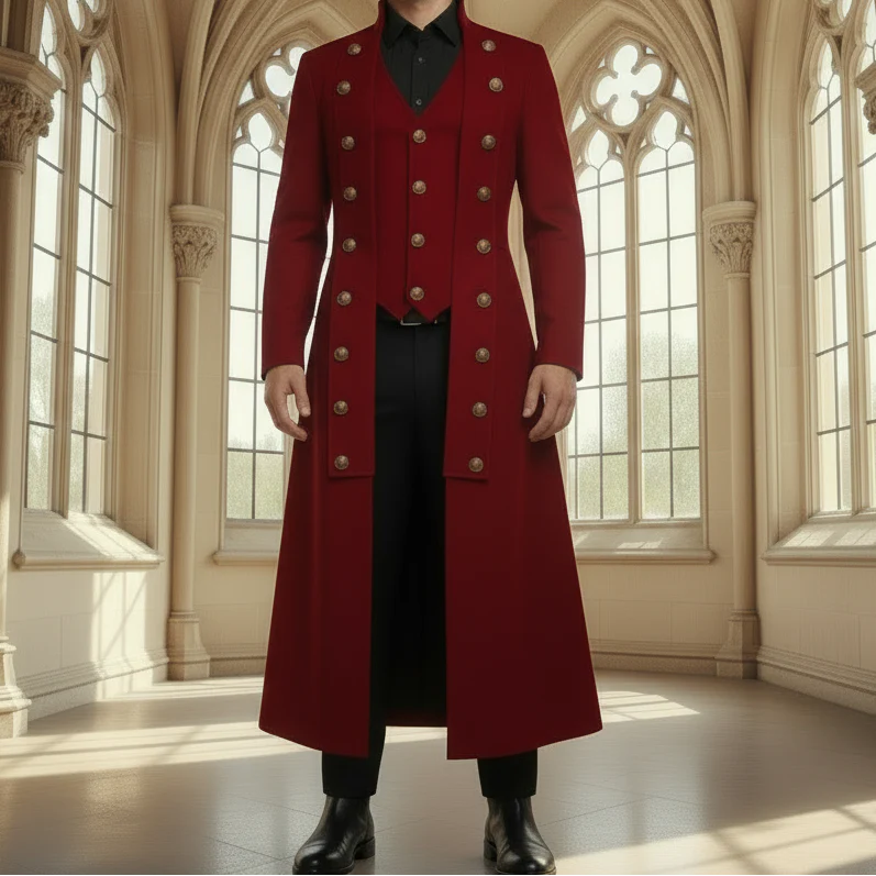 Men's Red Cotton Twill Steampunk Jacket Goth Victorian Military Style Trench Coat
