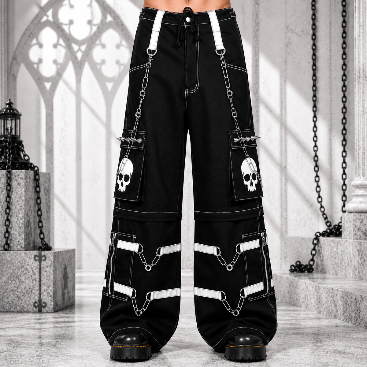 Gothic Bondage Black Skull Zip Off Pants Black & Amp White Alternative Punk Rock Emo Trouser Pant Usa