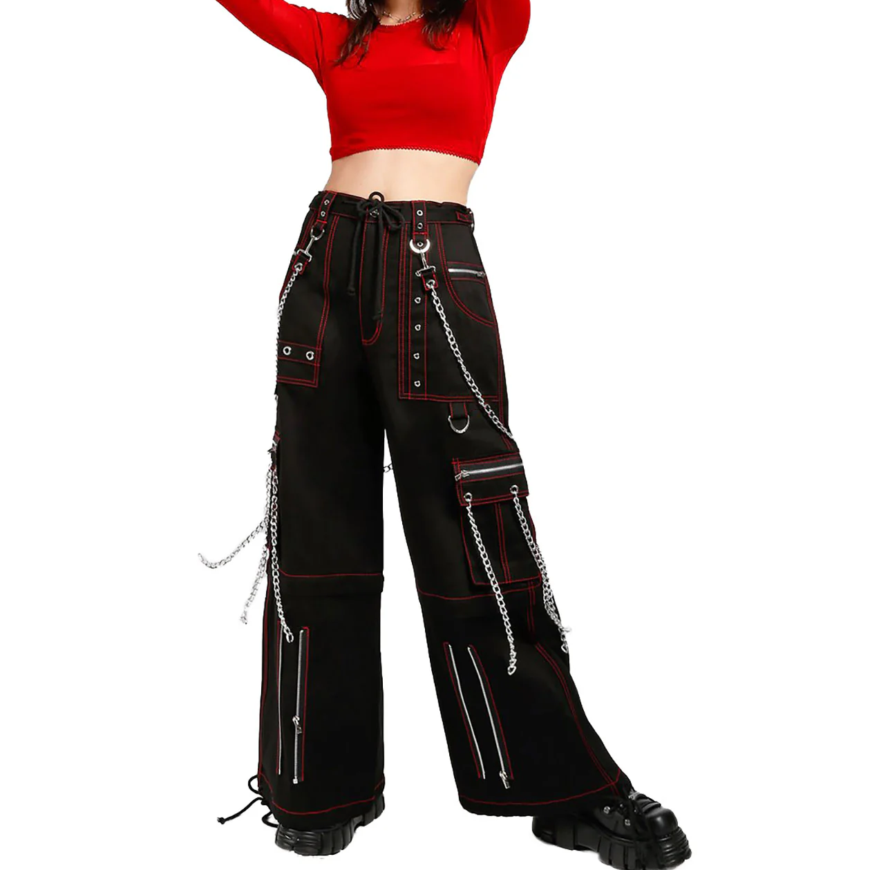 Men's Electro Bondage Gothic Red Stitch Rave Gothic Cyber Chain Goth Jeans Punk Rock Pants USA
