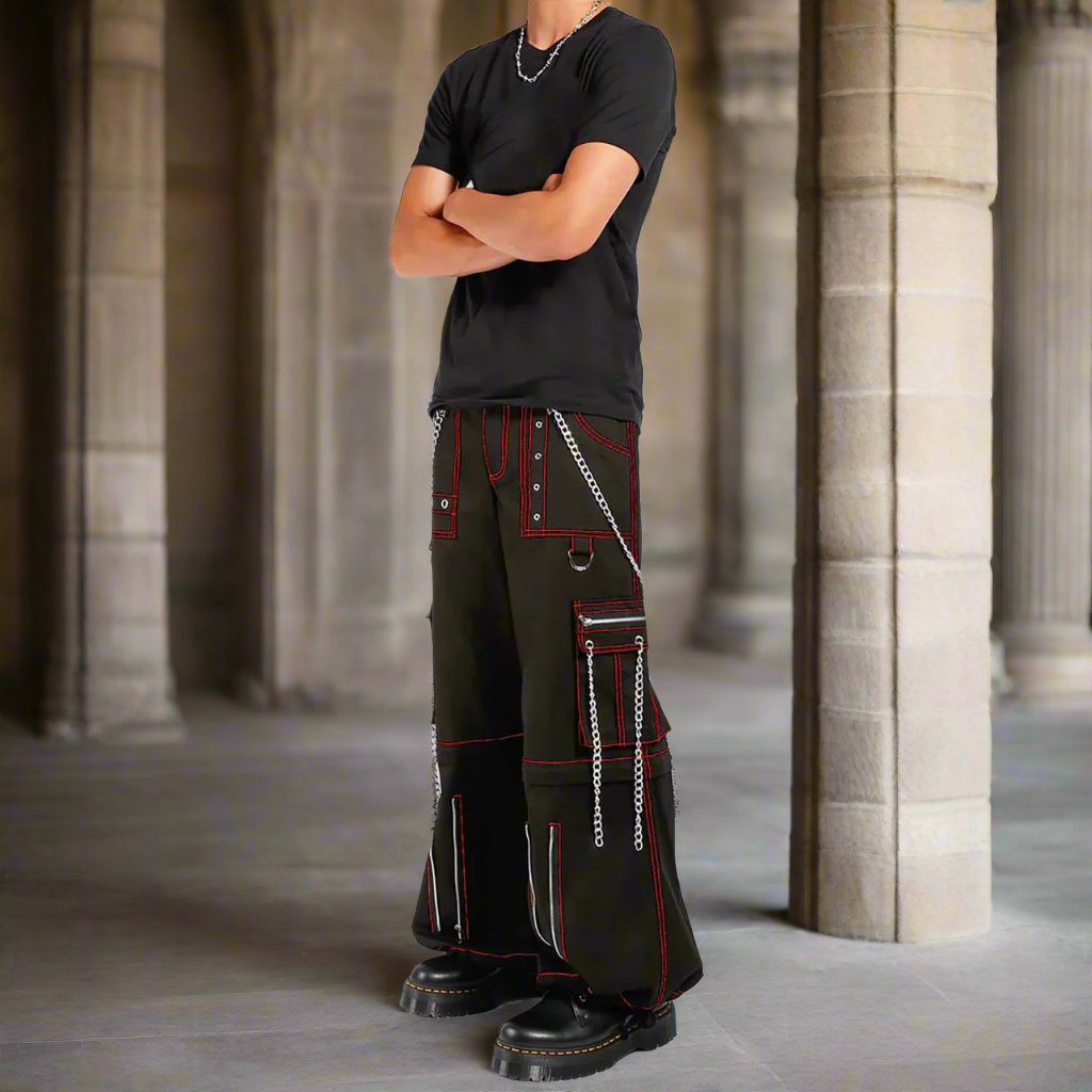 Men's Electro Bondage Gothic Red Stitch Rave Gothic Cyber Chain Goth Jeans Punk Rock Pants USA