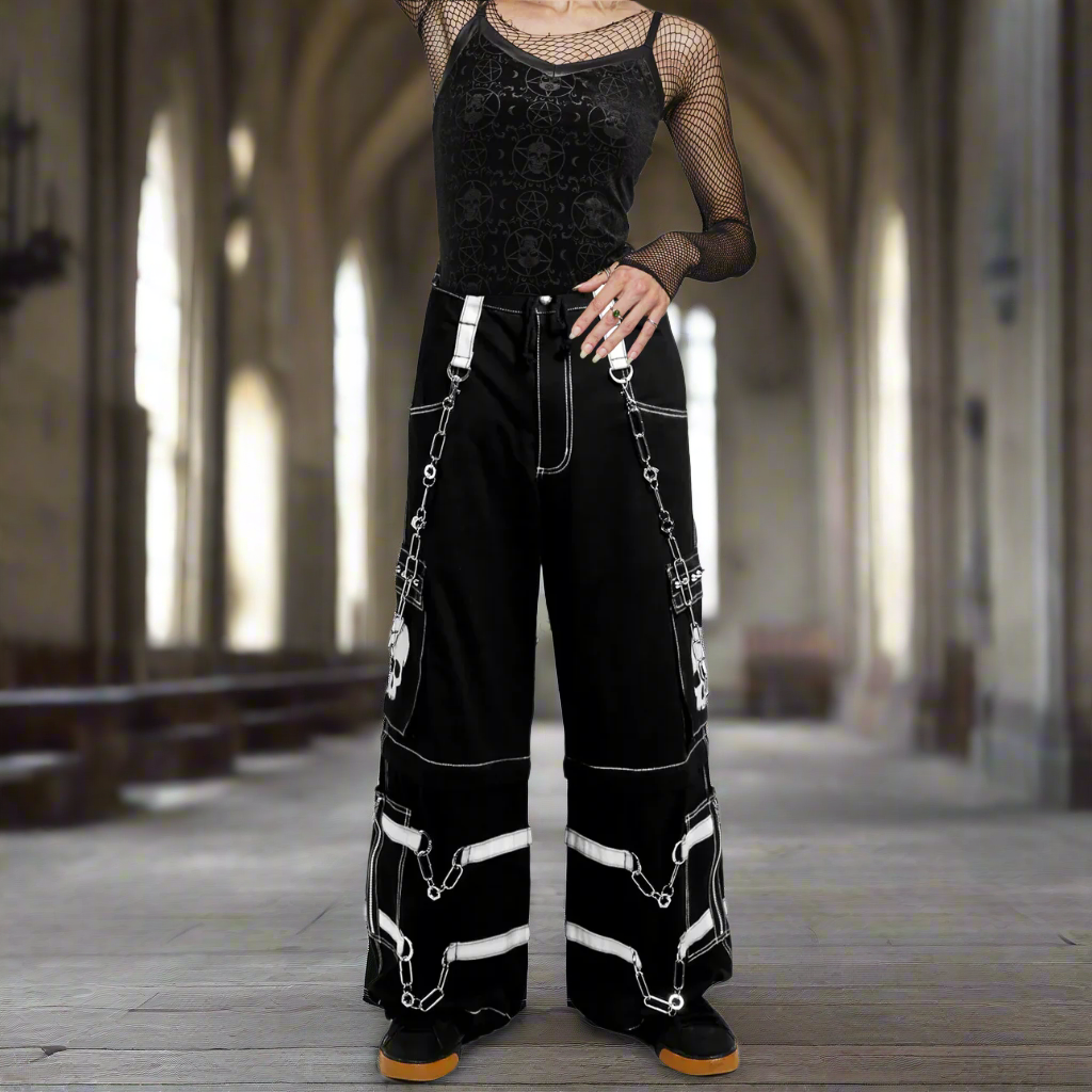 Gothic Bondage Black Skull Zip Off Pants Black & Amp White Alternative Punk Rock Emo Trouser Pant Usa