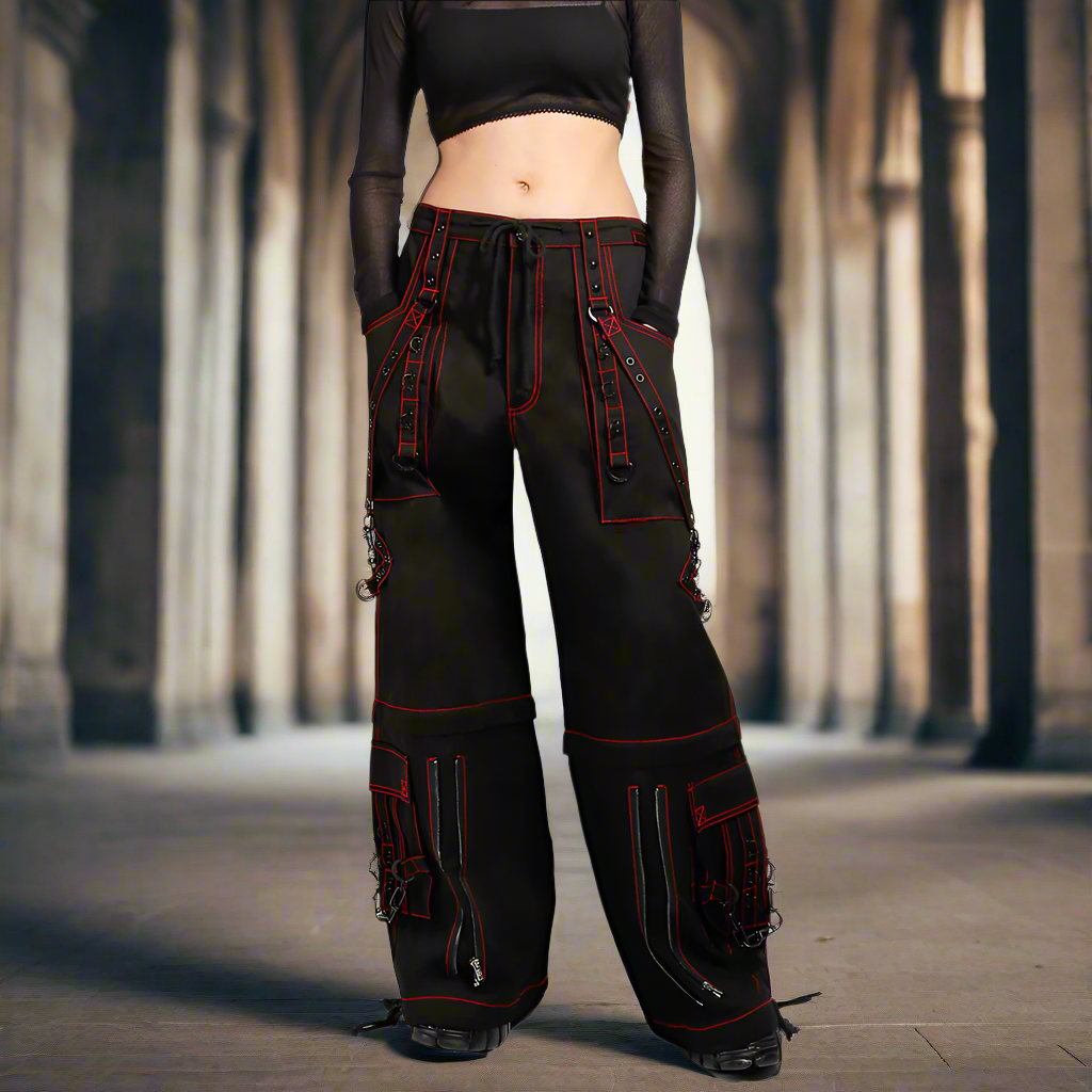 Men’s Black Gothic Super Studded Pants Red Stitching Men’s Fashion Goth Pant