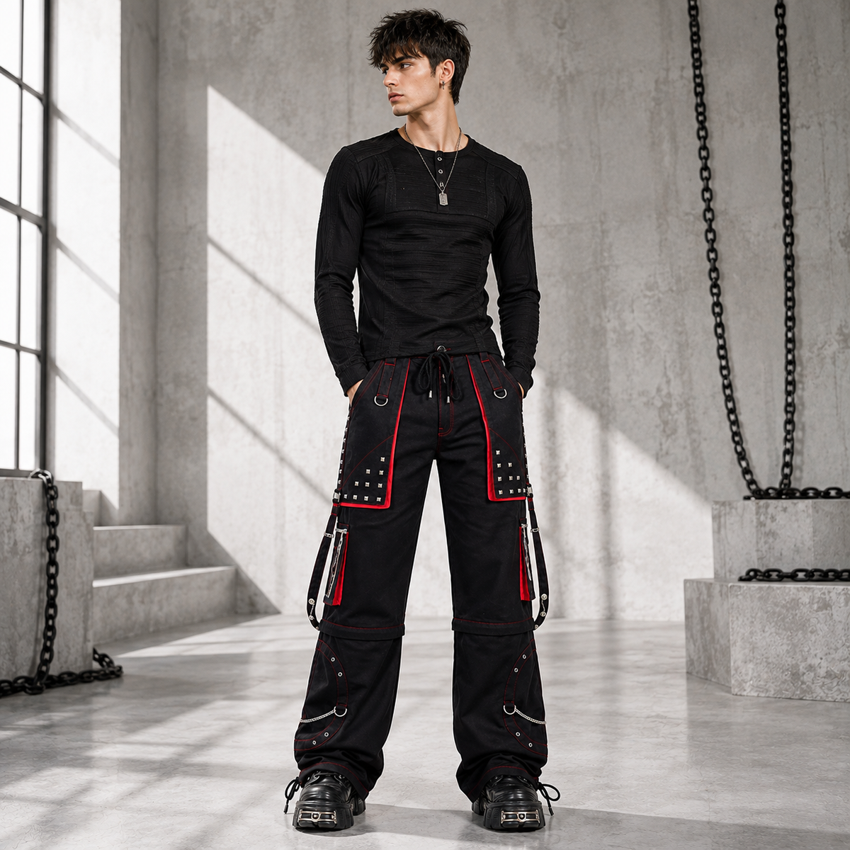 Gothic Men's Black Stylish Pant Trouser Slim fit Straight Black Red Color Pants USA