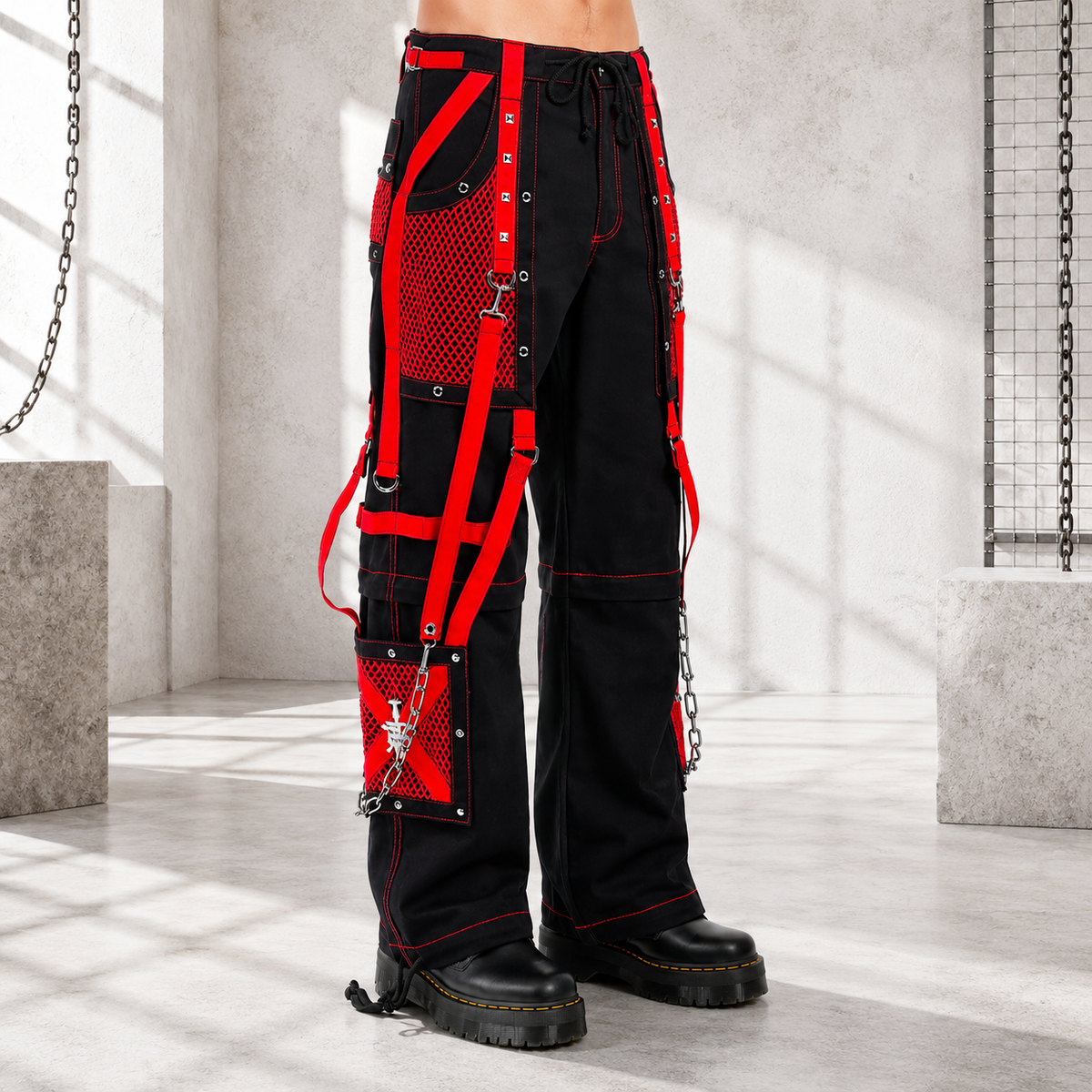 Black/Red Jeans Extreme Bondage Rocker Cyber Goth Steampunk Pant Usa