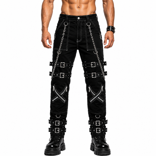 Prime Quality Handmade Gothic Pant White Threads Buckles Zips Chains Straps Cyber Punk Trousers Pants USA