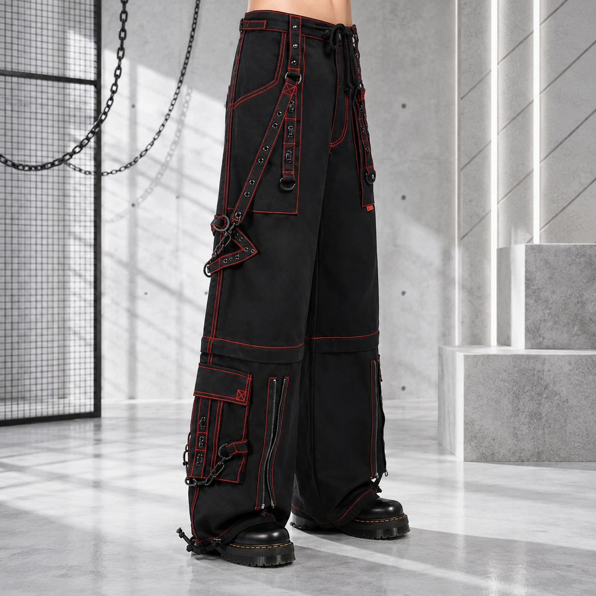 Men’s Black Gothic Super Studded Pants Red Stitching Men’s Fashion Goth Pant