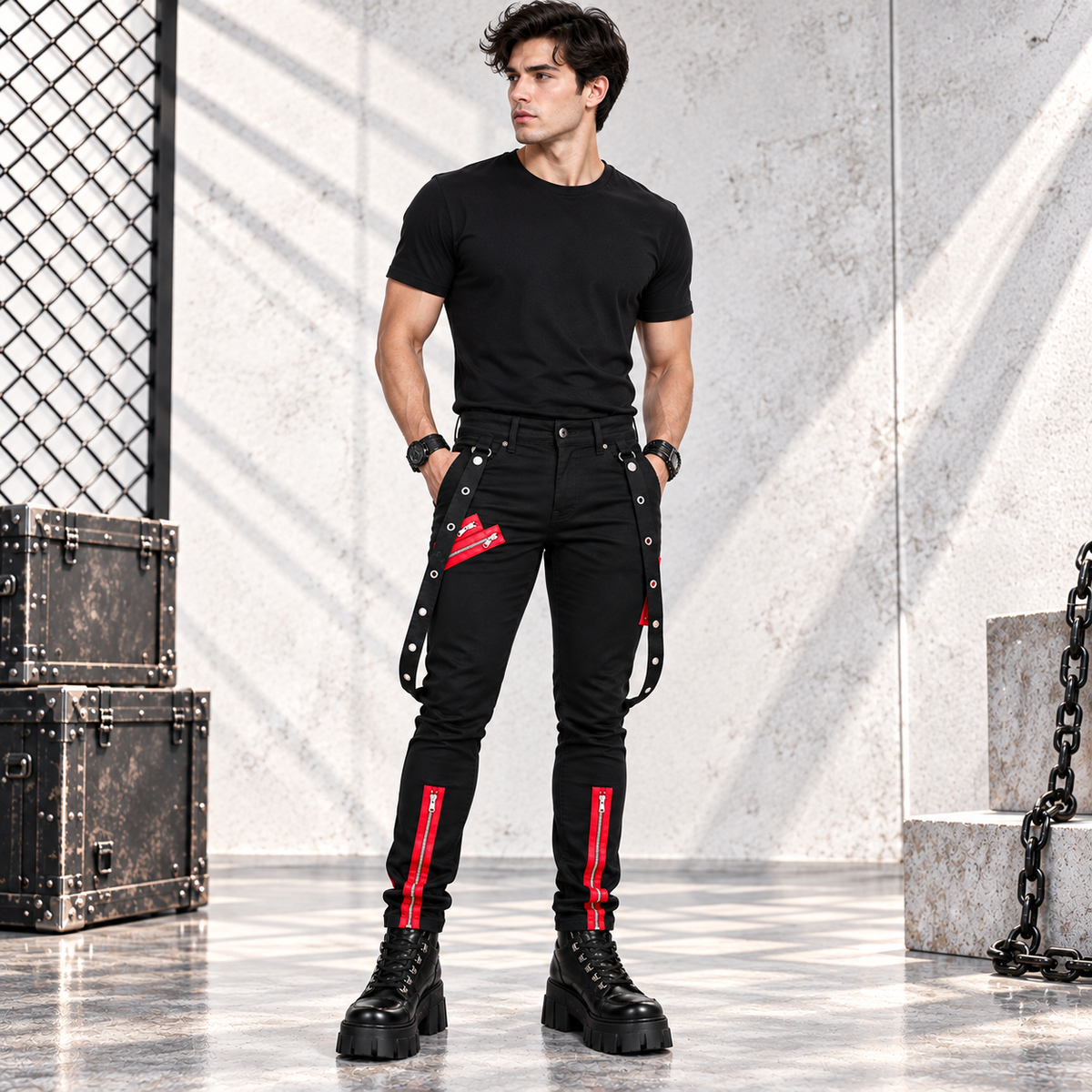 Men's Denim Red Zipper Stinger Jeans with Grommet Suspenders
