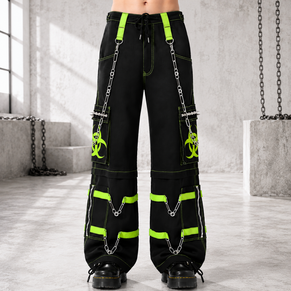 New Biohazard Men Gothic Black Lime Bondage Reflective Biohazard Symbol Pant Alternative Punk Rock Trouser Shorts
