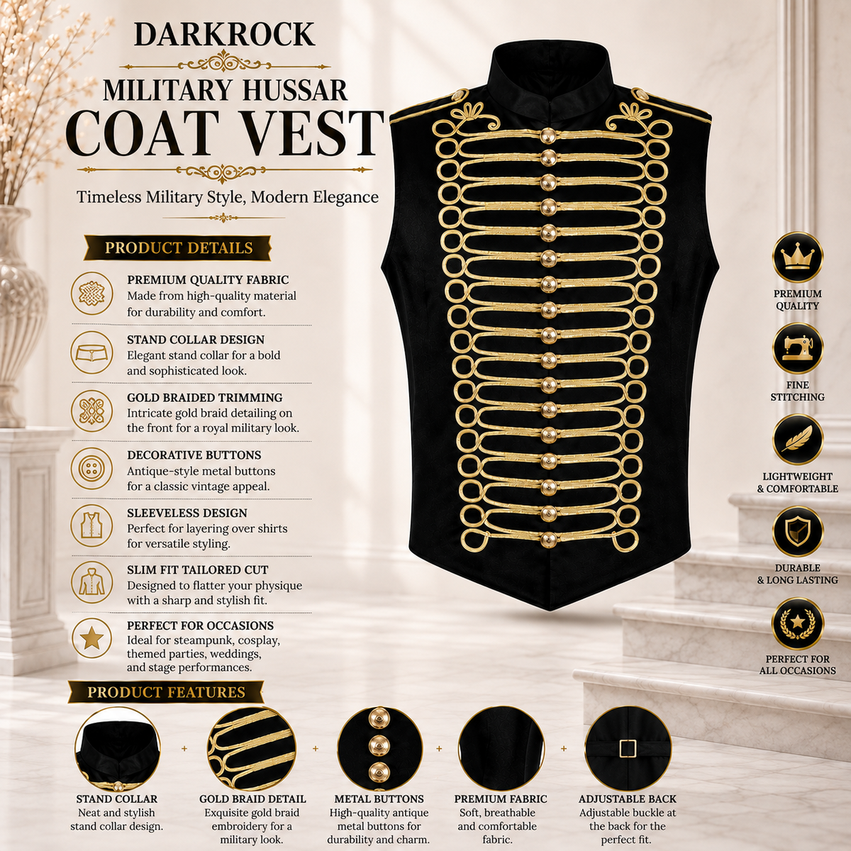 Prime Quality Handmade Men's Military Hussar Sleeveless Black Vest Black Gold Jacket
