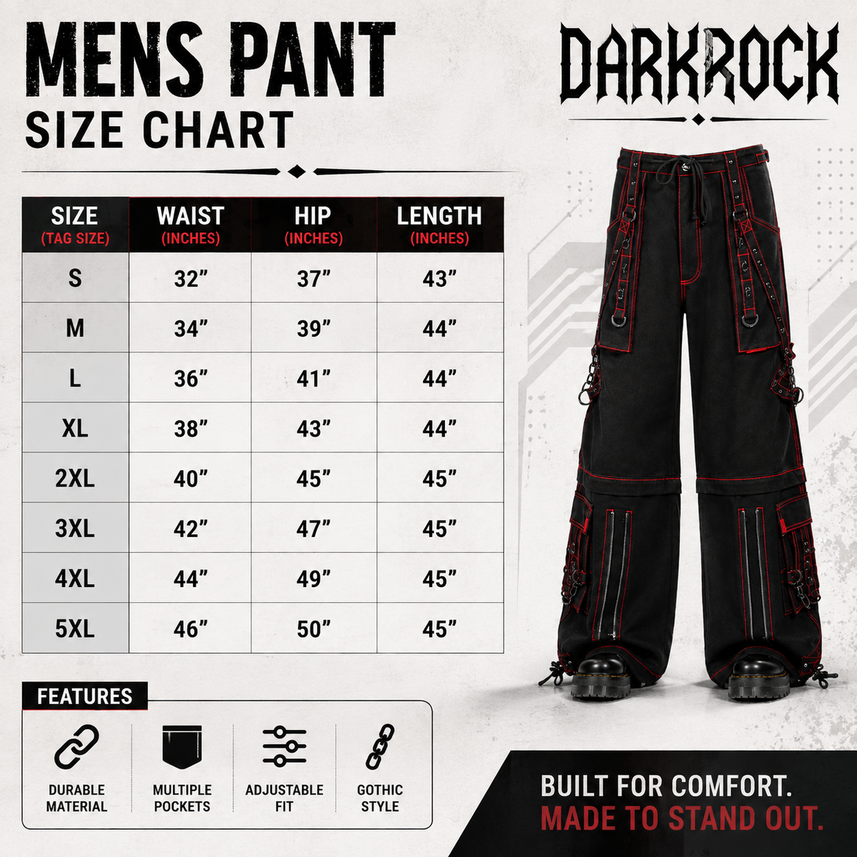 Men’s Black Gothic Super Studded Pants Red Stitching Men’s Fashion Goth Pant