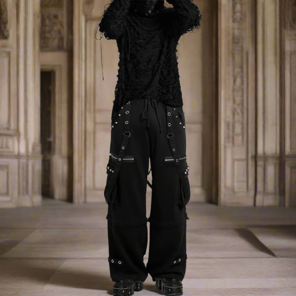Men's Black Gothic Punk Pants With Straps Fleece Pants Alternative Wears