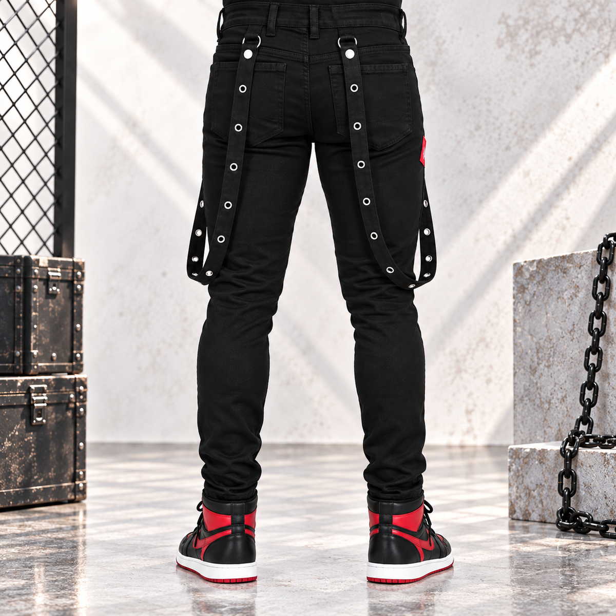 Men's Denim Red Zipper Stinger Jeans with Grommet Suspenders