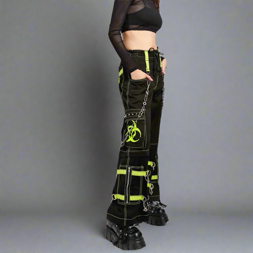 New Biohazard Men Gothic Black Lime Bondage Reflective Biohazard Symbol Pant Alternative Punk Rock Trouser Shorts