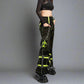 Womens Gothic Black Lime Bondage Reflective Biohazard Symbol Pant