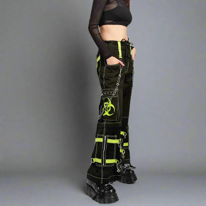 Womens Gothic Black Lime Bondage Reflective Biohazard Symbol Pant