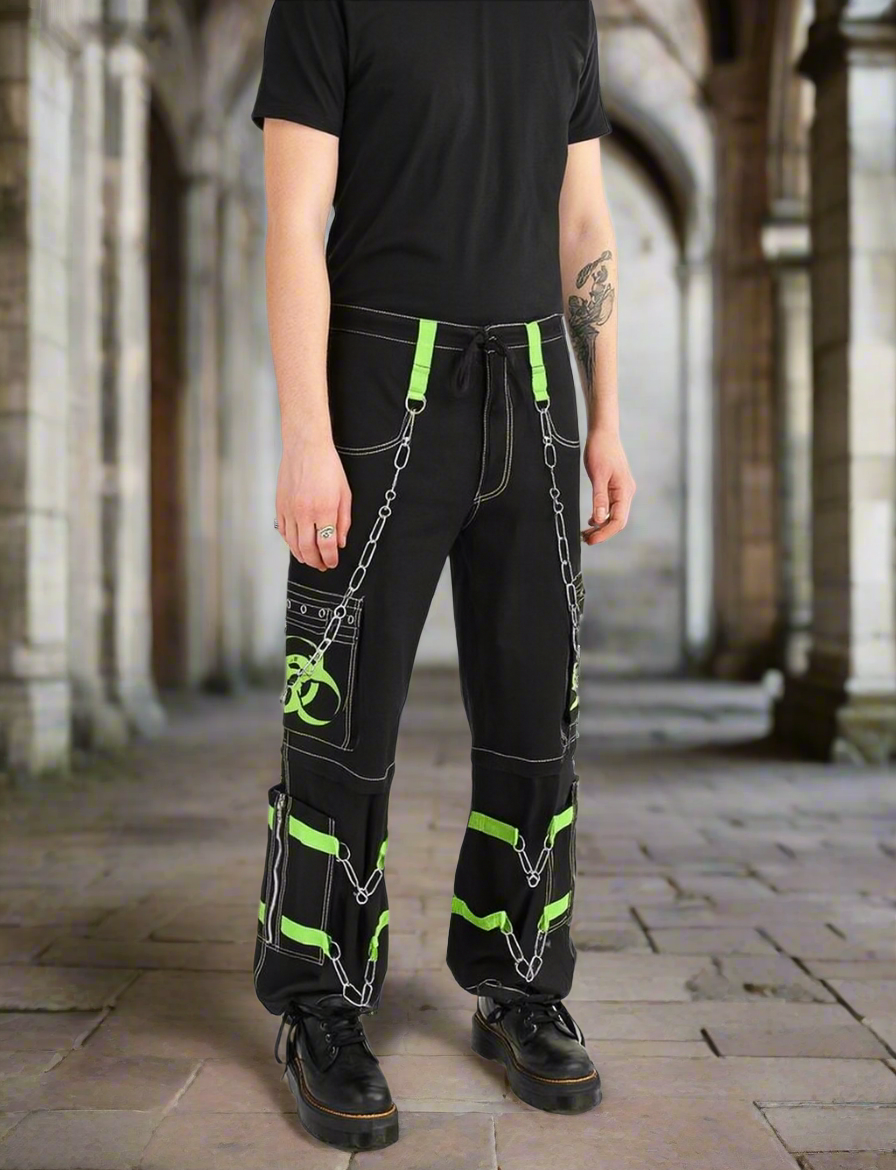 New Biohazard Men Gothic Black Lime Bondage Reflective Biohazard Symbol Pant Alternative Punk Rock Trouser Shorts
