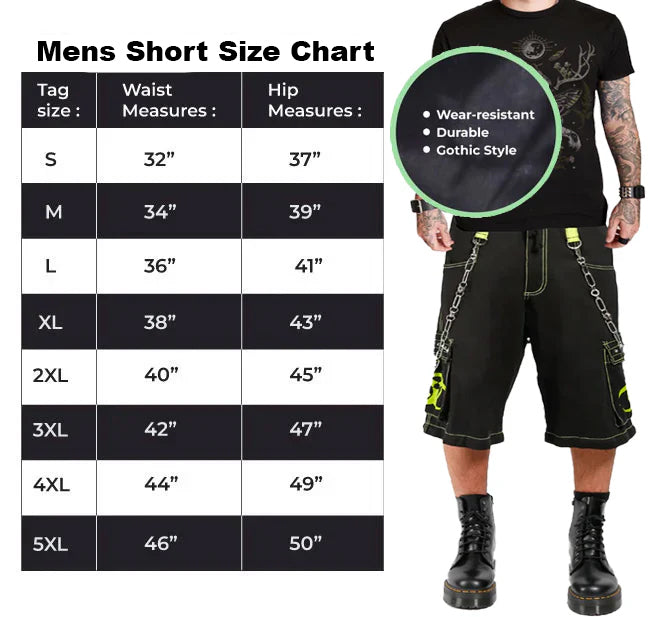 Gothic Bondage Biohazard Lime Skull Shorts Black Lime Alternative Punk Rock Emo Shorts