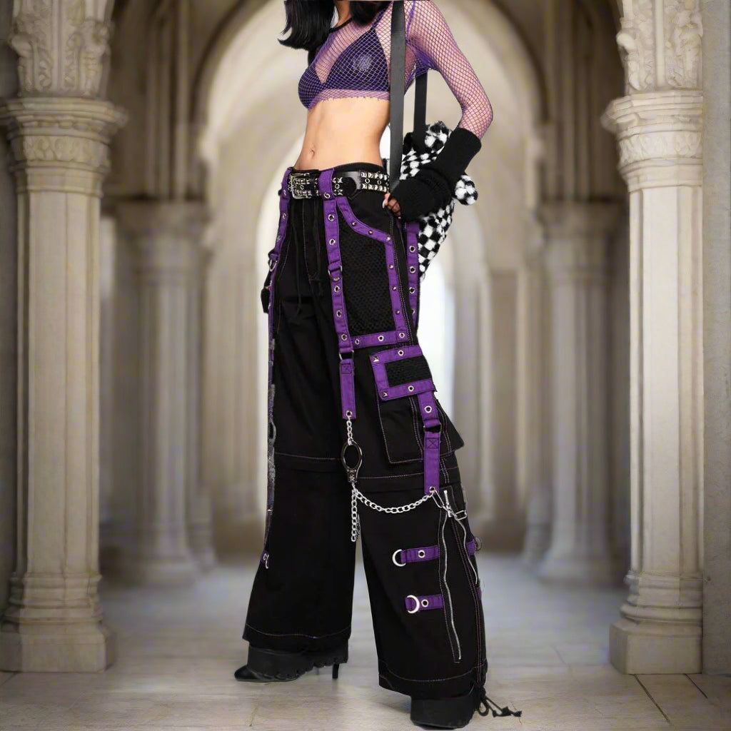 Men Gothic Pant Black Purple Punk Baggy Pant With Chrome Rings & Amp; Chain USA
