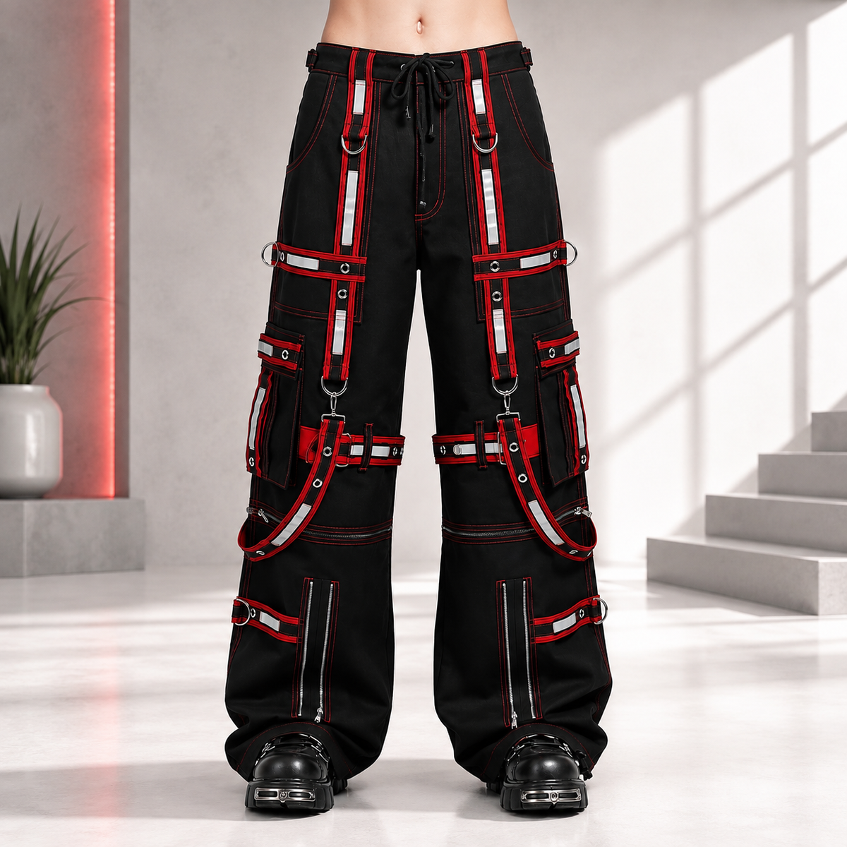 Men Extreme Bondage Gothic Electro Reflector Black/Red Pant/Shorts Usa