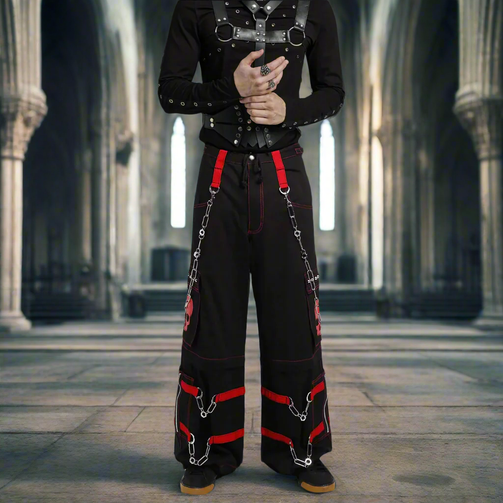 Gothic Bondage Black Skull Zip Off Pants Black Amp Red Alternative Punk Rock Emo Trouser Pant/Usa