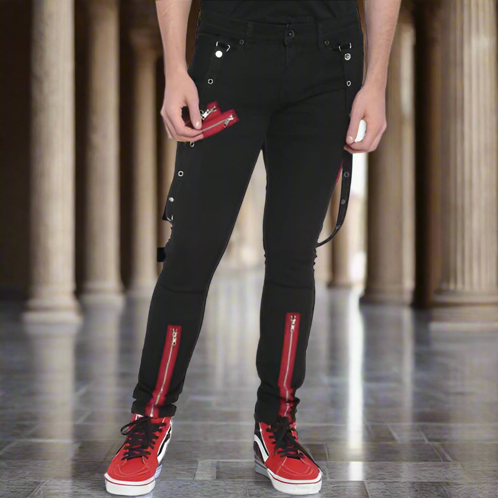 Men's Denim Red Zipper Stinger Jeans with Grommet Suspenders