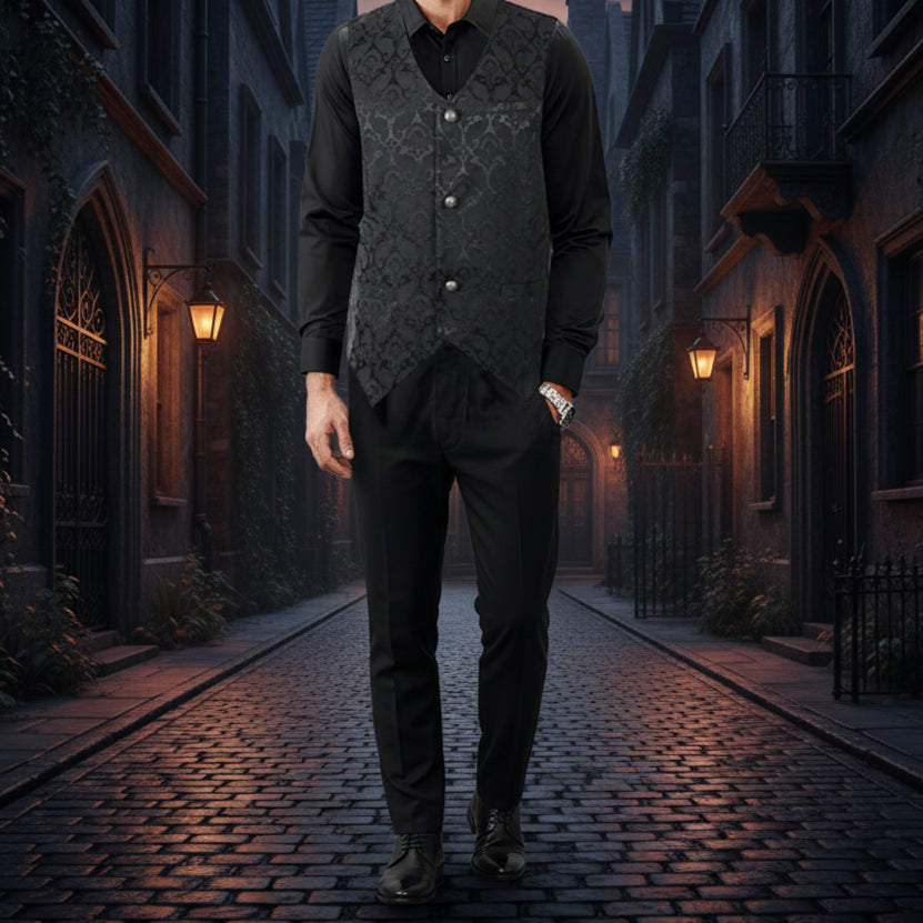 Men's Waistcoat Vest Black Brocade Gothic Steampunk VTG /USA