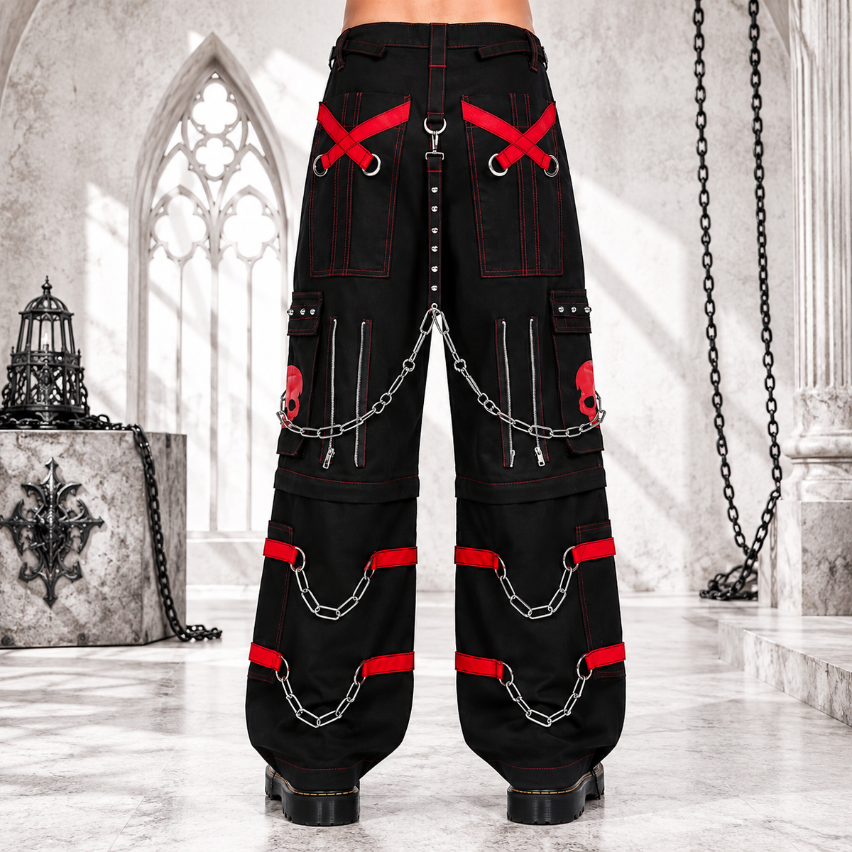 Gothic Bondage Black Skull Zip Off Pants Black Amp Red Alternative Punk Rock Emo Trouser Pant/Usa