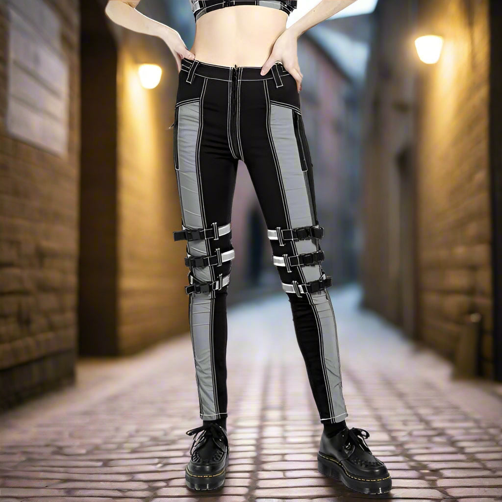 Prime Quality Black Gothic Women's Chains Black Rhinestones Gothic Punk Reflector Panel Emo Pants Straps Pants