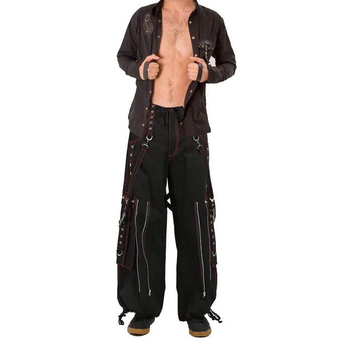 Gothic Mens Black Bondage Red Back Skull Punk Rock Pants