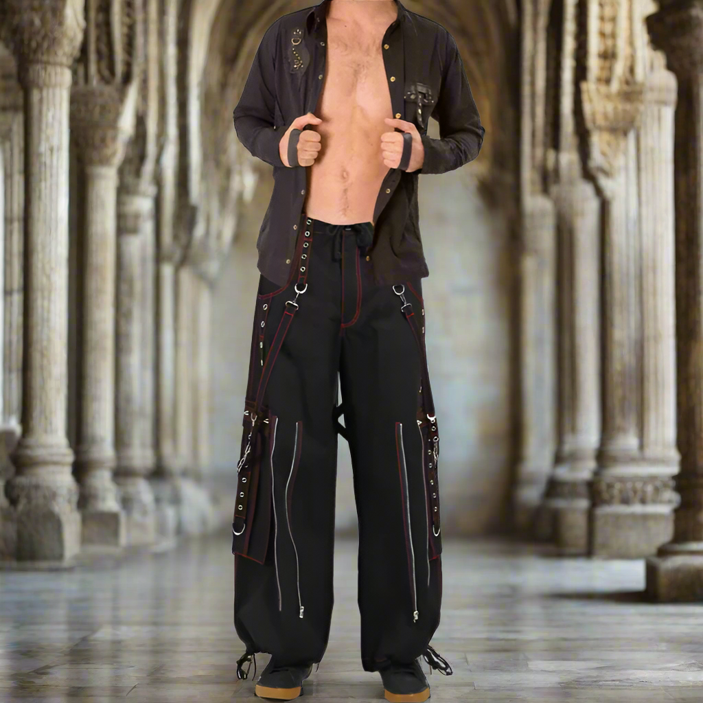 Gothic Mens Black Bondage Red Back Skull Punk Rock Pants