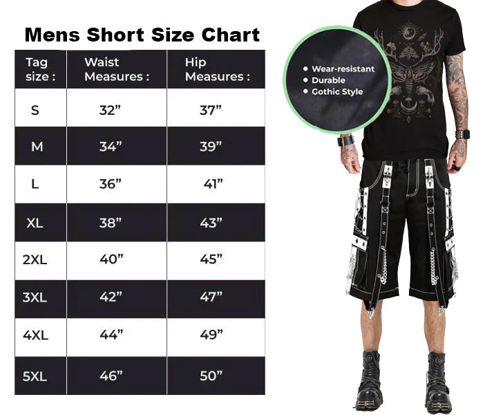 Mens Gothic Punk Black White Bondage Trip Chain Techno Rock Punk Shorts Usa