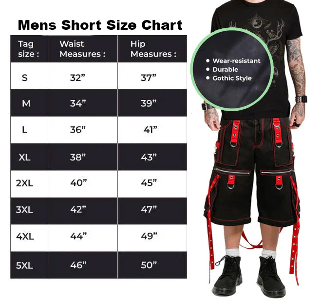 Gothic Mens X-Strap Zip Shorts Black Red