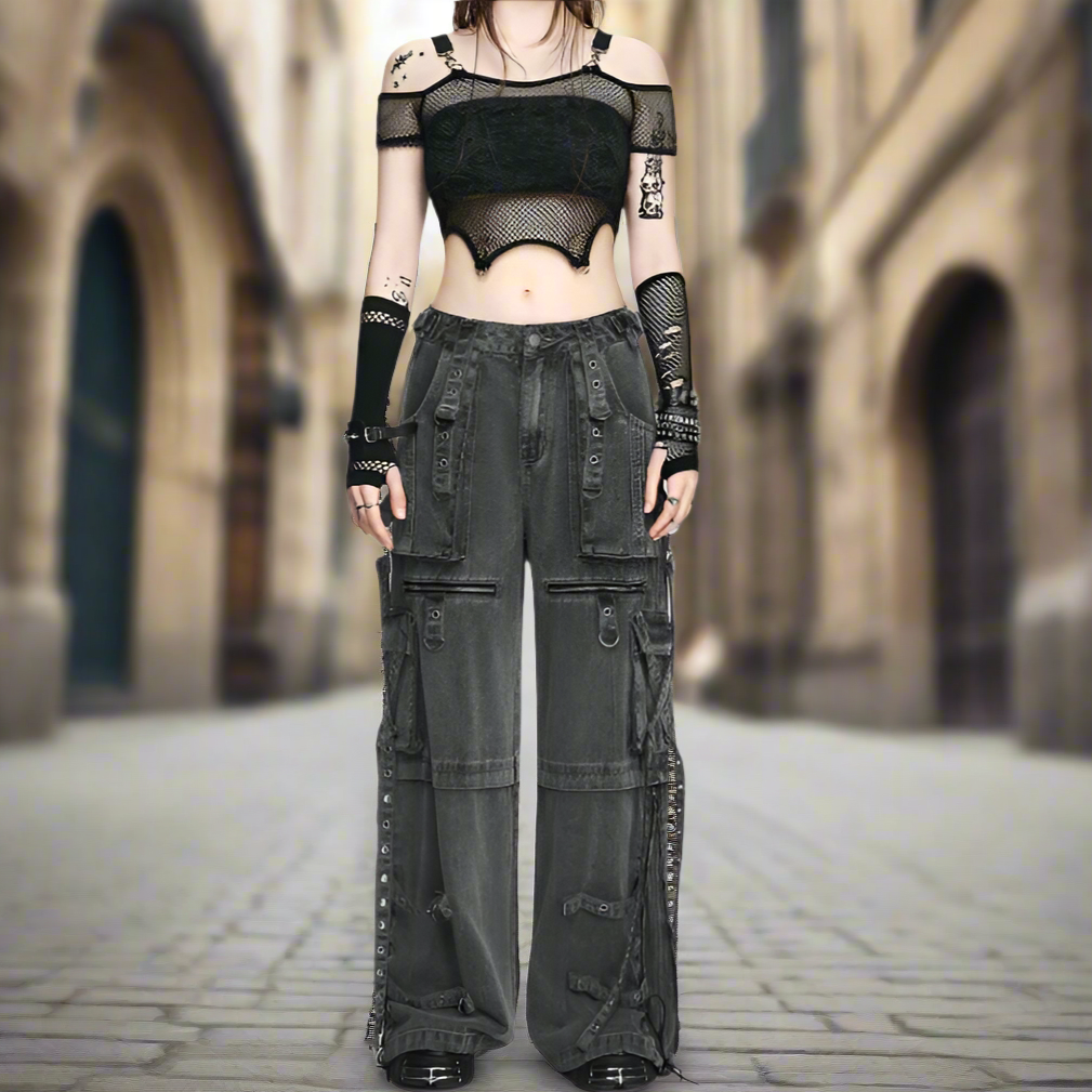 GOTHIC X-STRAP PANT BLACK DENIM