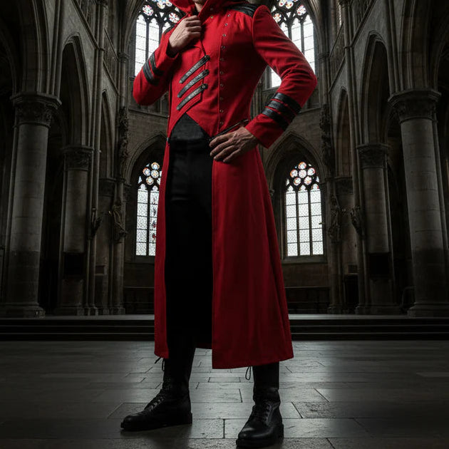 Scorpion Men's Punisher Hooded Trench Coat Long Jacket Red Black Gothic Steampunk