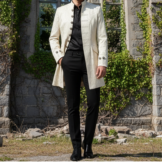 Renaissance Mens Velvet Goth Steampunk Victorian Frock Coat Cream