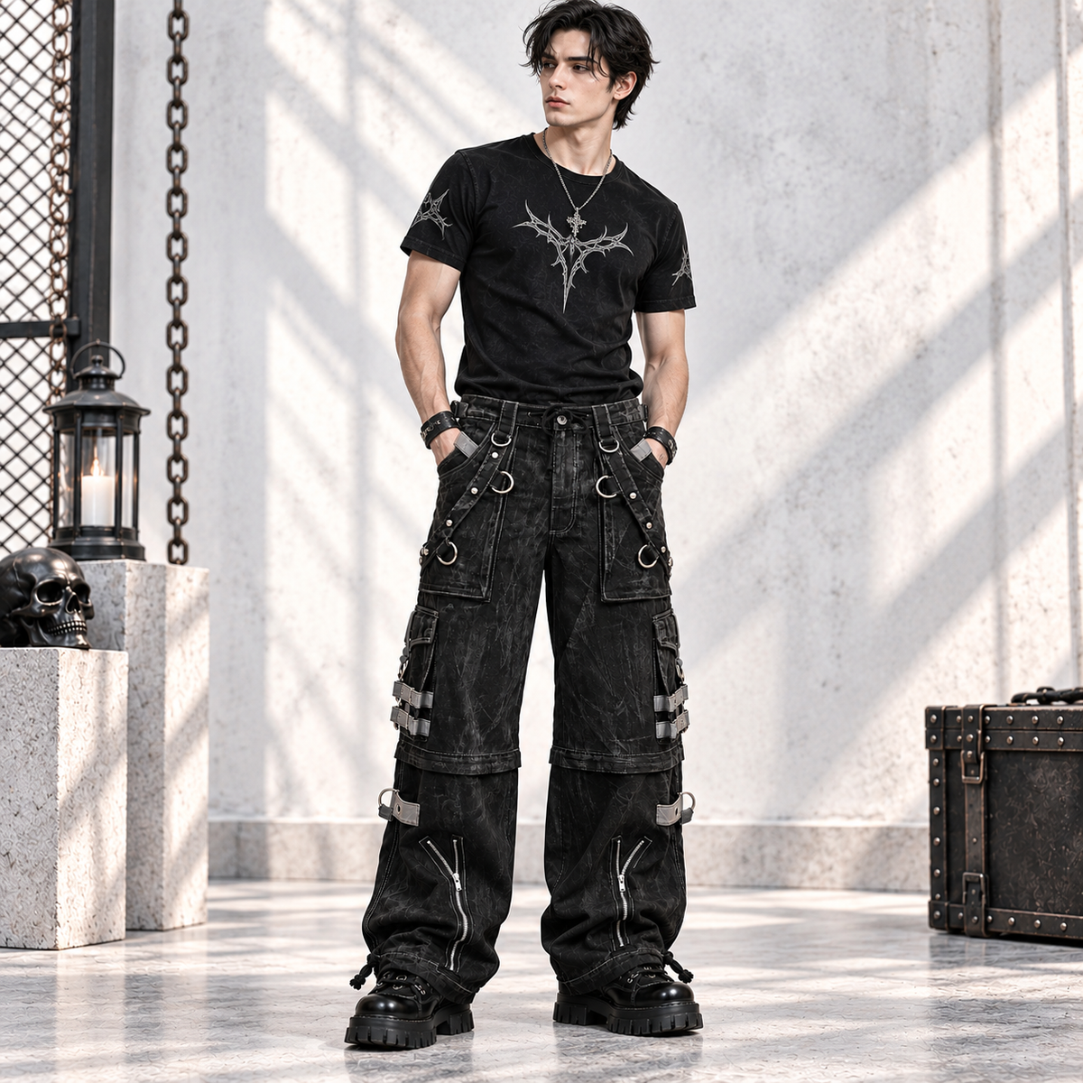 Gothic Black & Amp Grey Overdyed Zip Off Pants