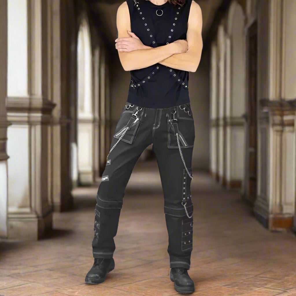 Men Gothic Black Pant Eyelets Cargo Bondage Trouser Punk Rock Pant